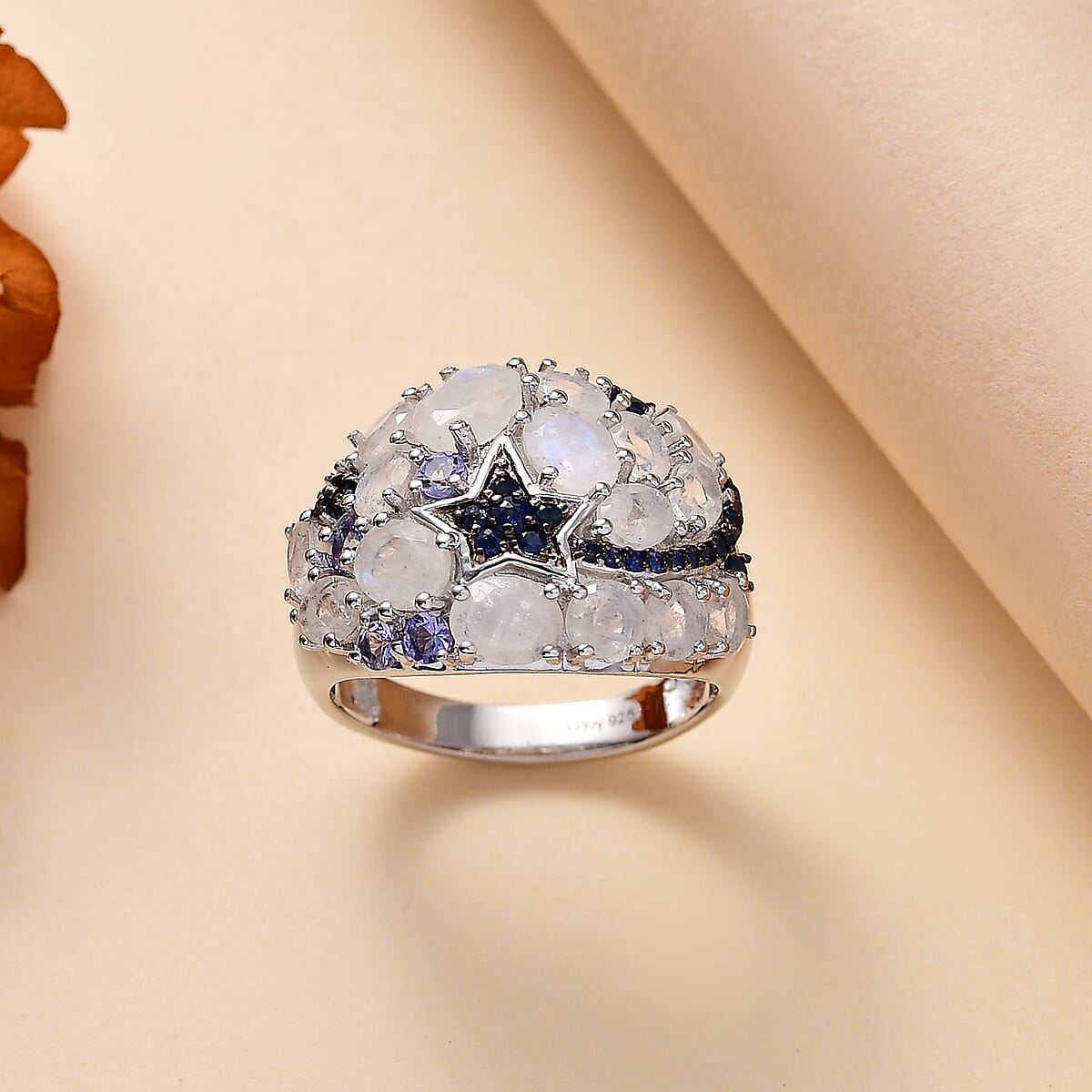 Premium Moon Glow Moonstone and Multi Gemstone 4.20 ctw Shooting Star Ring in Rhodium Over Sterling Silver (Size 8.0) image number 1