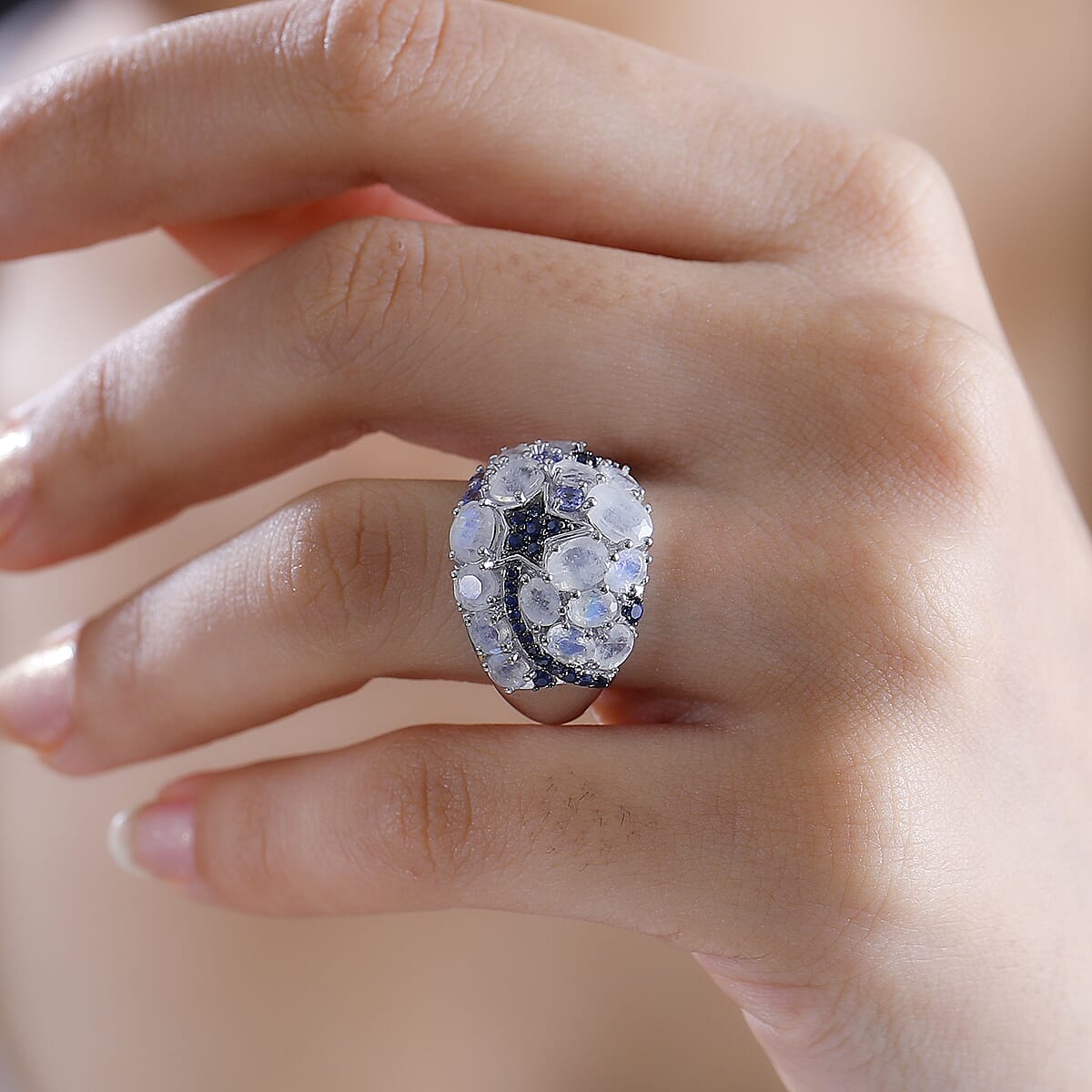 Premium Moon Glow Moonstone and Multi Gemstone 4.20 ctw Shooting Star Ring in Rhodium Over Sterling Silver (Size 8.0) image number 3