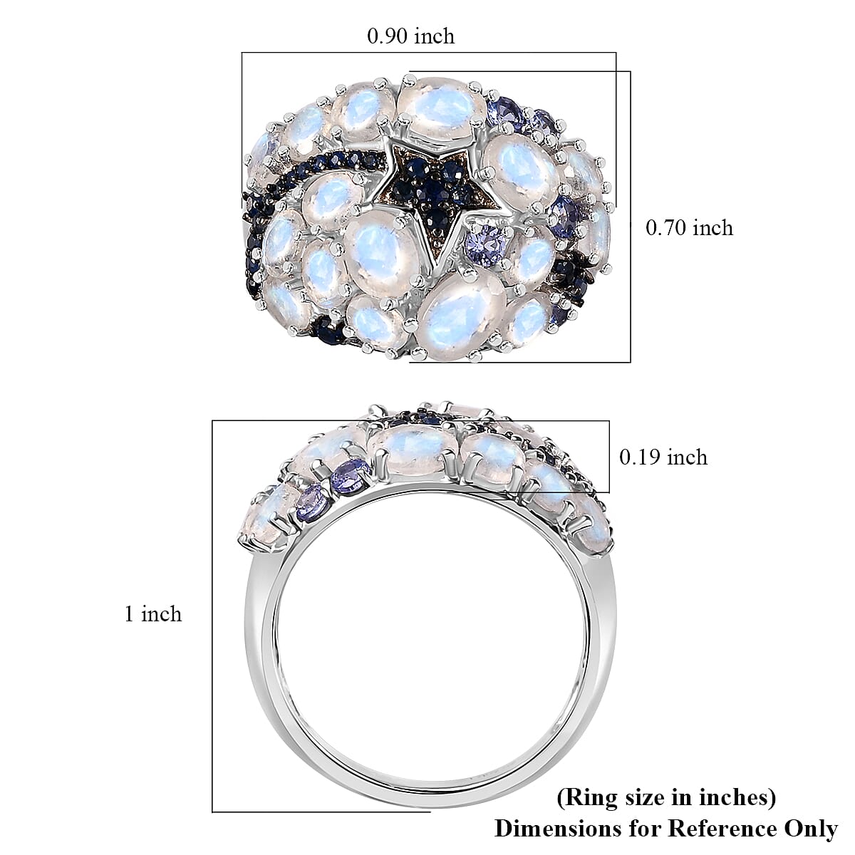 Premium Moon Glow Moonstone and Multi Gemstone 4.20 ctw Shooting Star Ring in Rhodium Over Sterling Silver (Size 8.0) image number 6
