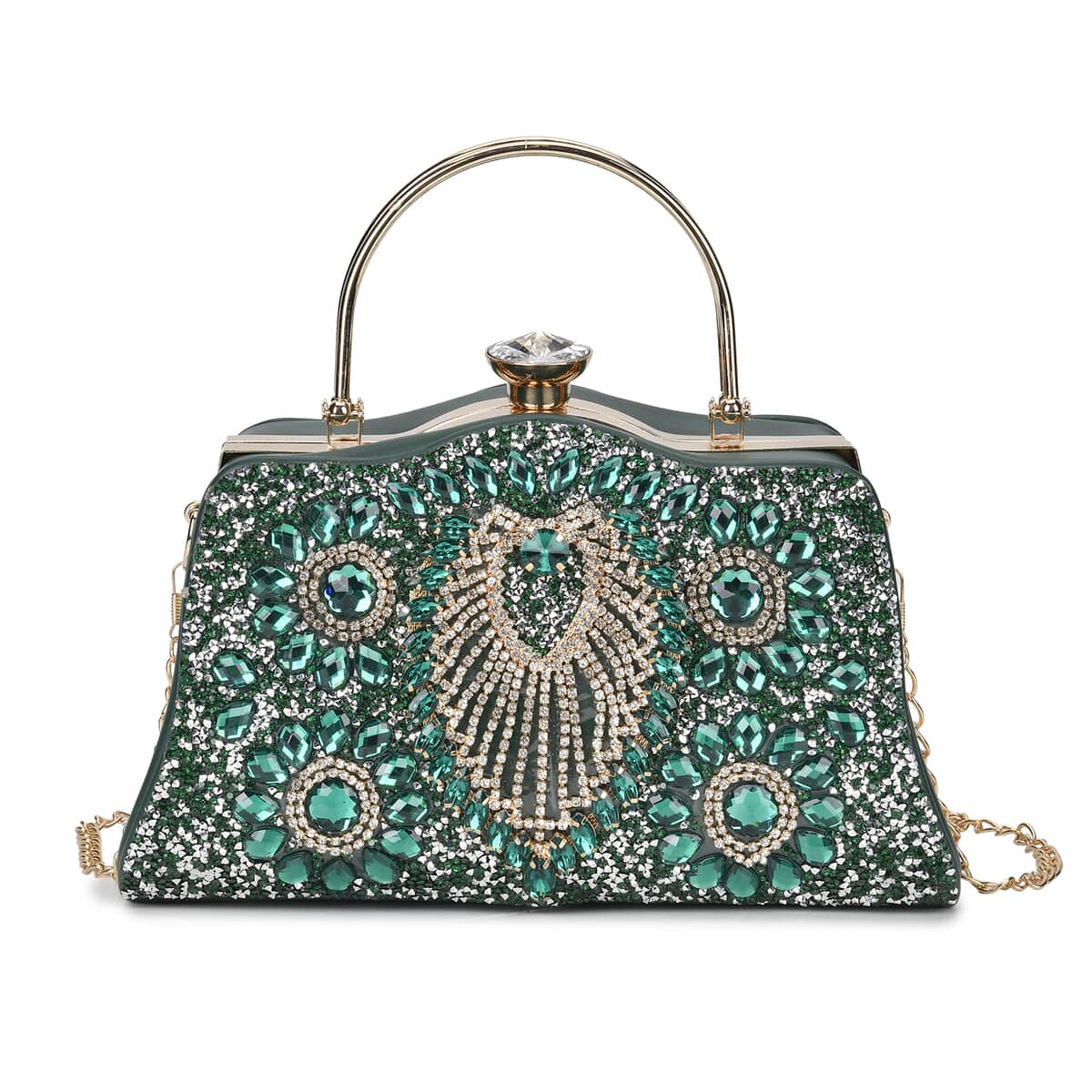 Miggie D Green Peacock Pattern Crystal Clutch Bag with Shoulder Chain Strap image number 0