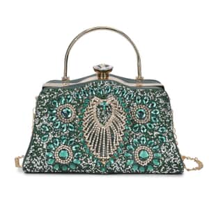 Miggie D Green Peacock Pattern Crystal Clutch Bag with Shoulder Chain Strap