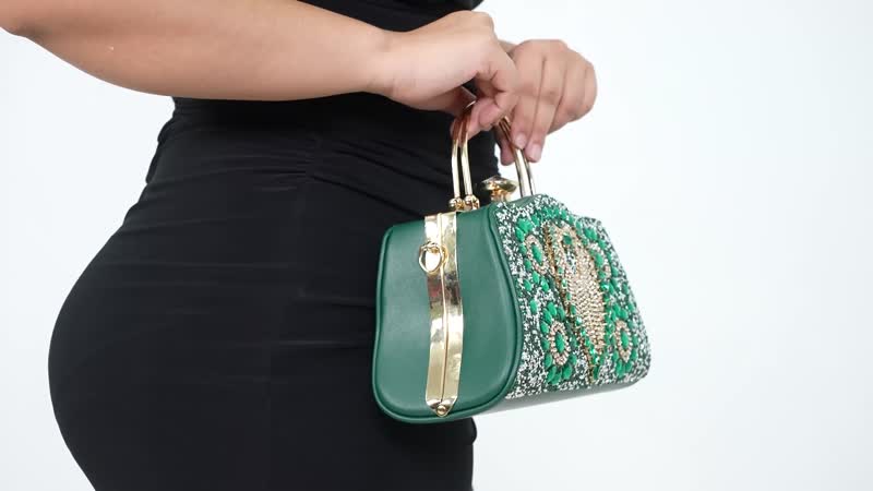 Green Peacock Pattern Crystal Clutch Bag (9.6"x4.3"x5.3") with Shoulder Chain Strap