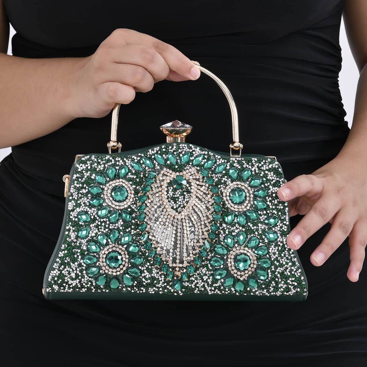 Miggie D Green Peacock Pattern Crystal Clutch Bag with Shoulder Chain Strap image number 2