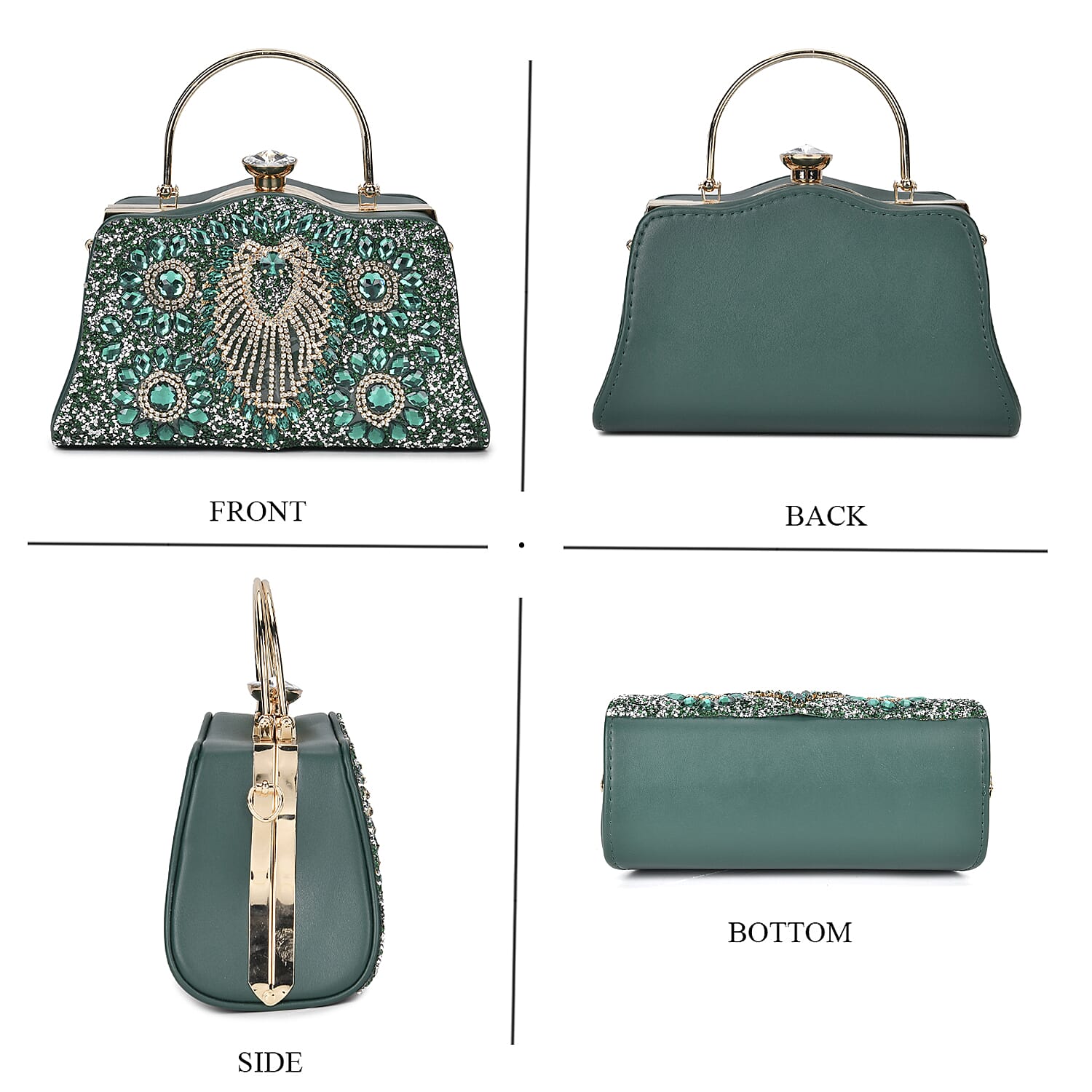 Miggie D Green Peacock Pattern Crystal Clutch Bag with Shoulder Chain Strap