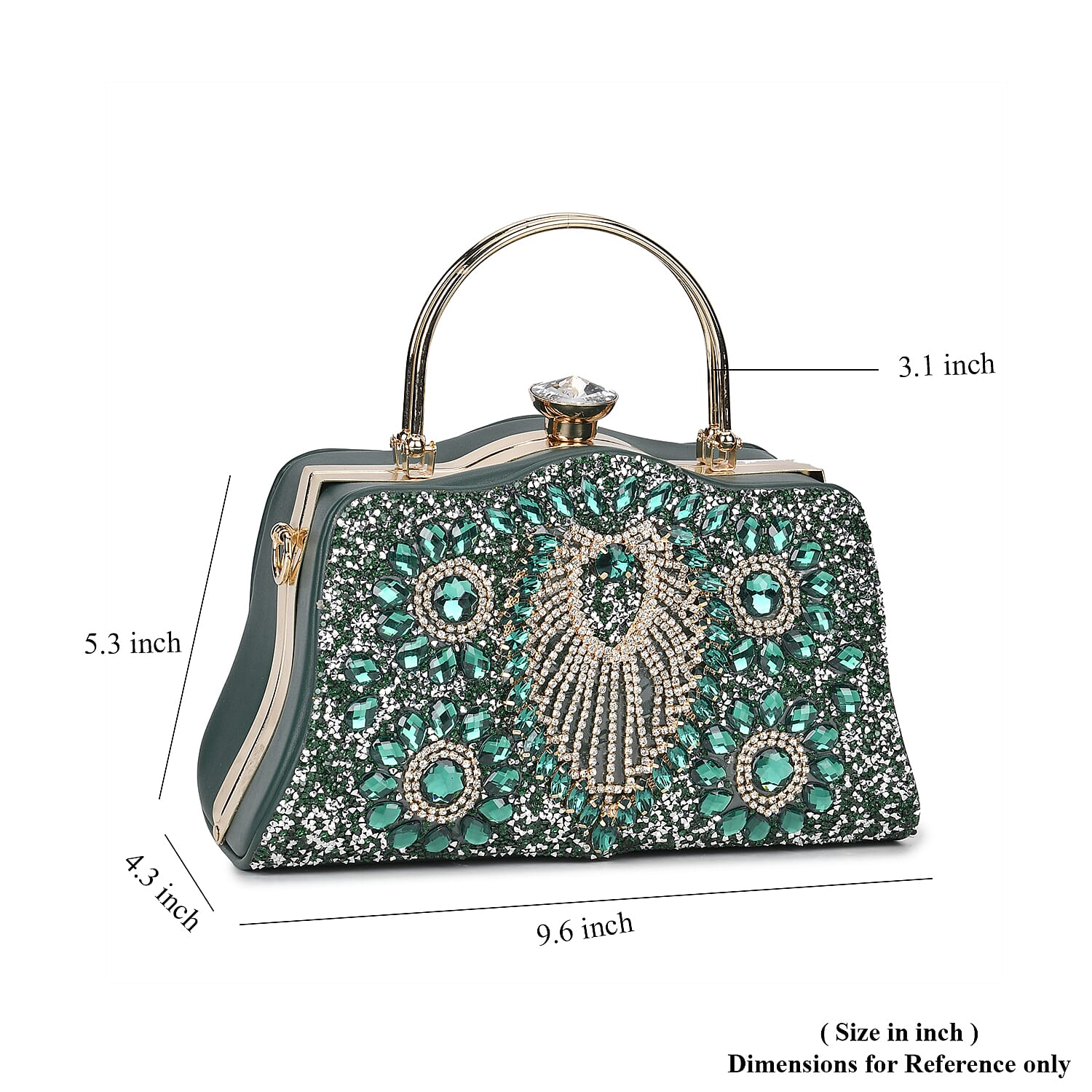 Miggie D Green Peacock Pattern Crystal Clutch Bag with Shoulder Chain Strap