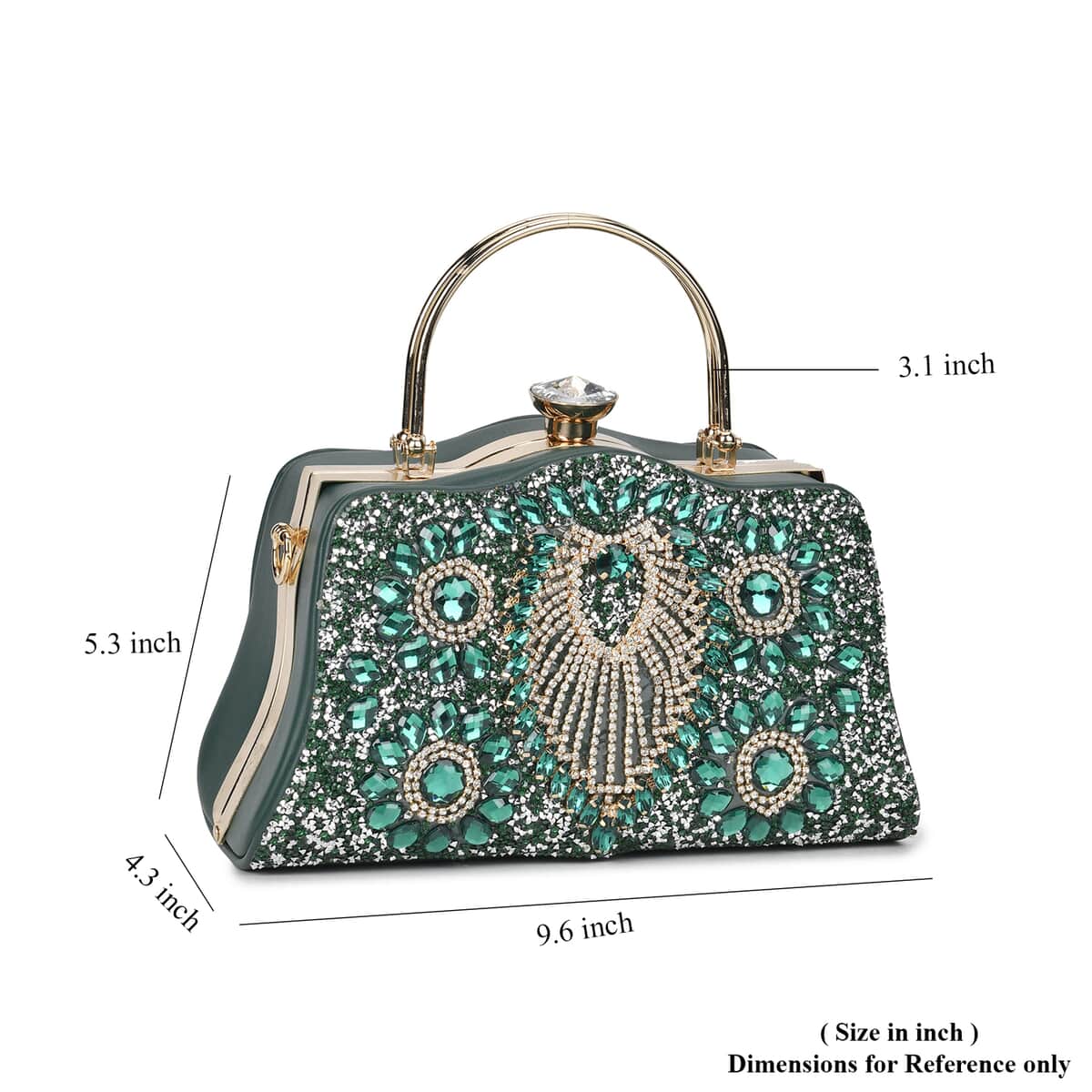 Miggie D Green Peacock Pattern Crystal Clutch Bag with Shoulder Chain Strap image number 5