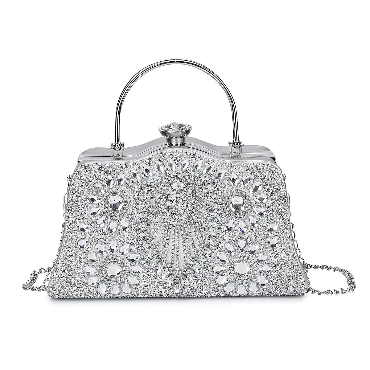 Miggie D Silver Peacock Pattern Crystal Clutch Bag with Shoulder Chain Strap image number 0