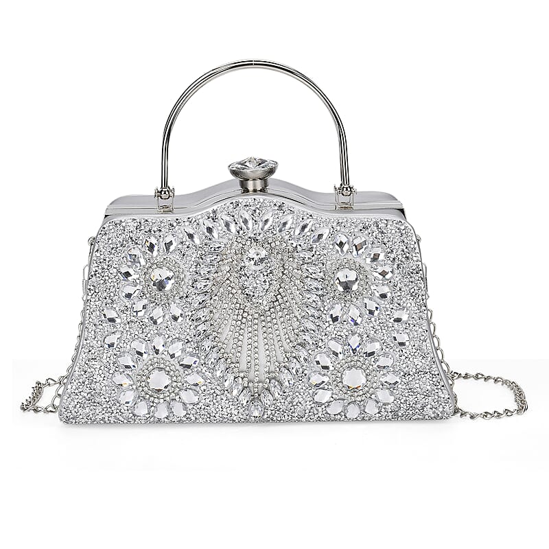 Silver Peacock Pattern Crystal Clutch Bag with Shoulder Chain Strap