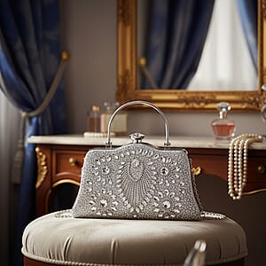 Miggie D Silver Peacock Pattern Crystal Clutch Bag with Shoulder Chain Strap