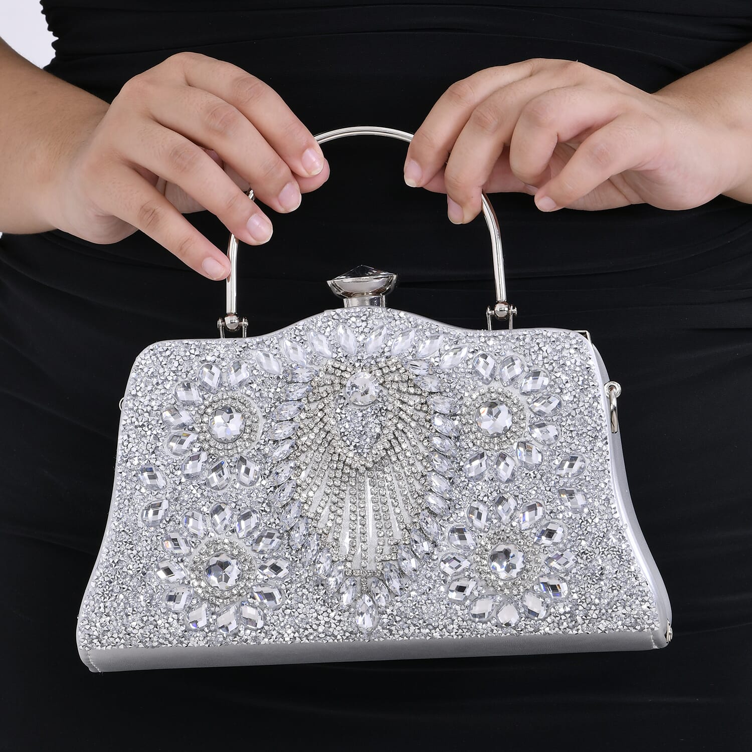 Buy Miggie D Silver Peacock Pattern Crystal Clutch Bag with