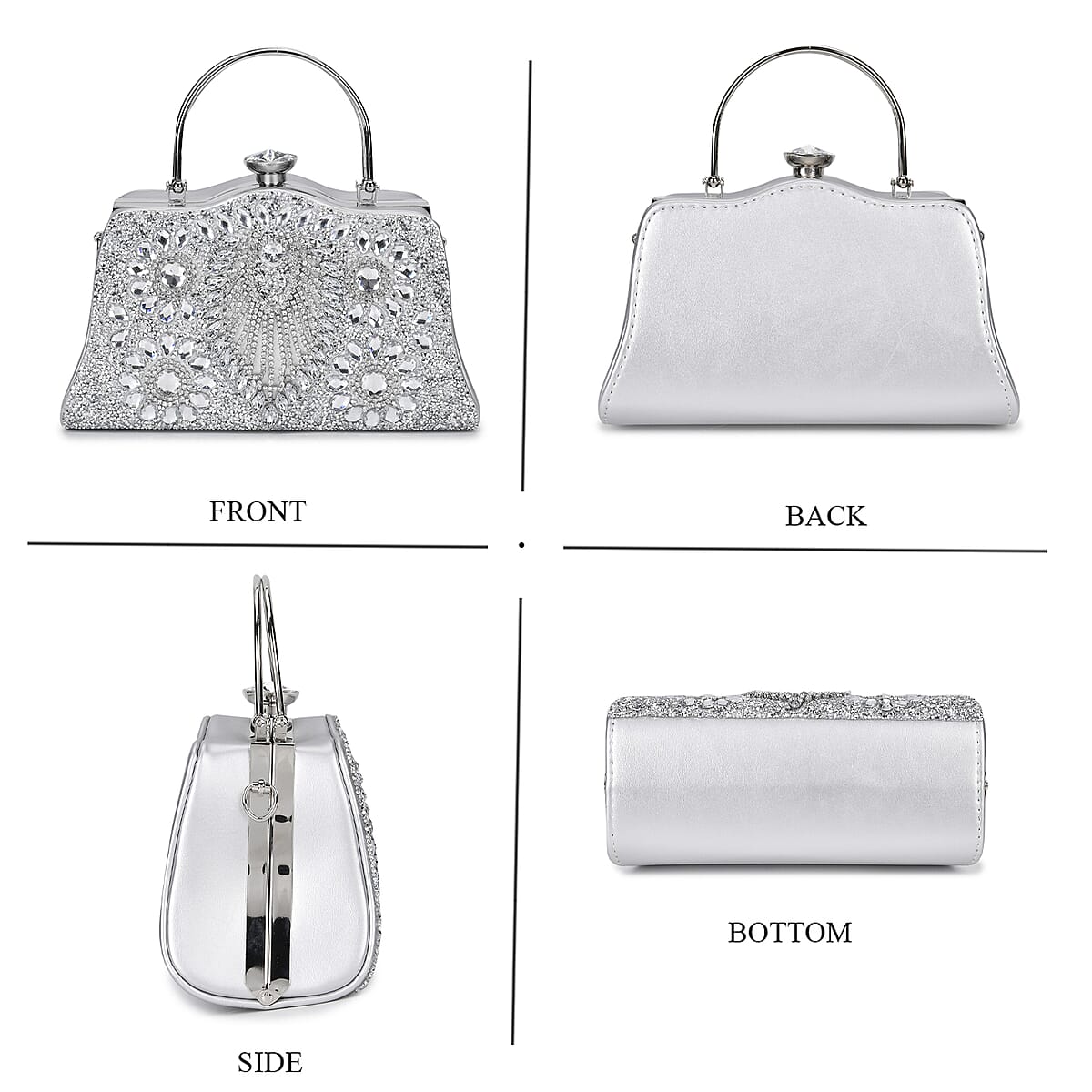Miggie D Silver Peacock Pattern Crystal Clutch Bag with Shoulder Chain Strap image number 3