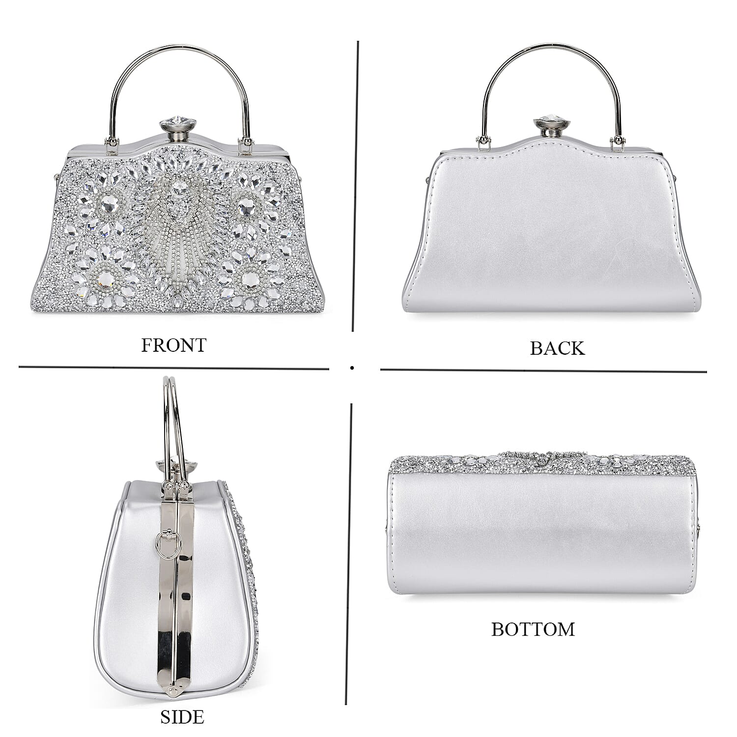 Silver Peacock Pattern Crystal Clutch Bag with Shoulder Chain Strap