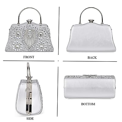 Silver Peacock Pattern Crystal Clutch Bag with Shoulder Chain Strap