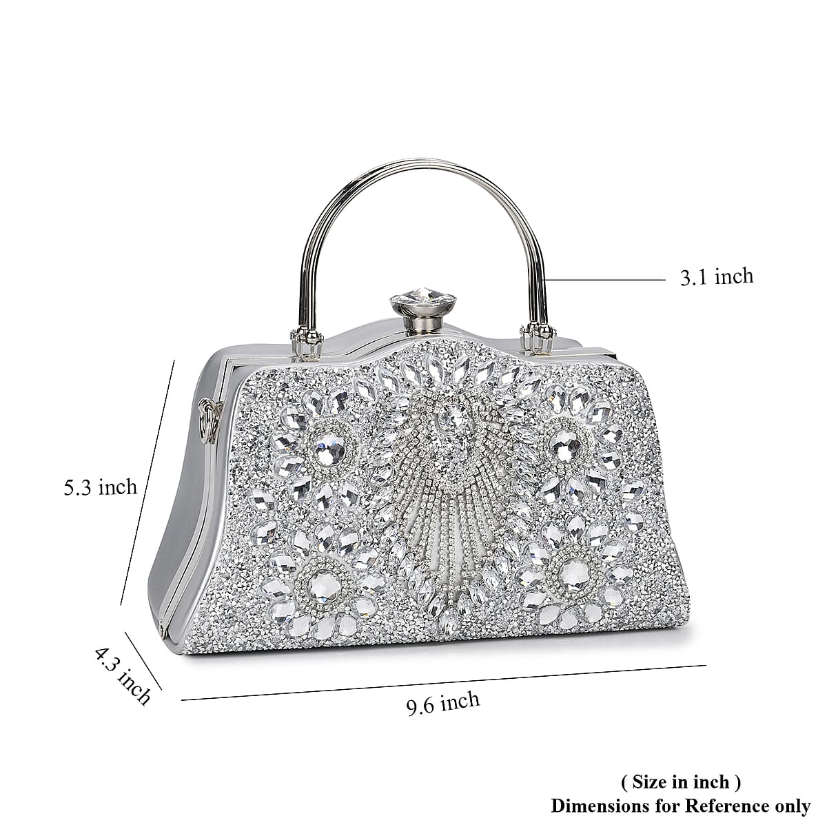 Miggie D Silver Peacock Pattern Crystal Clutch Bag with Shoulder Chain Strap image number 5