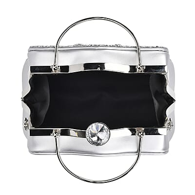 Silver Peacock Pattern Crystal Clutch Bag with Shoulder Chain Strap