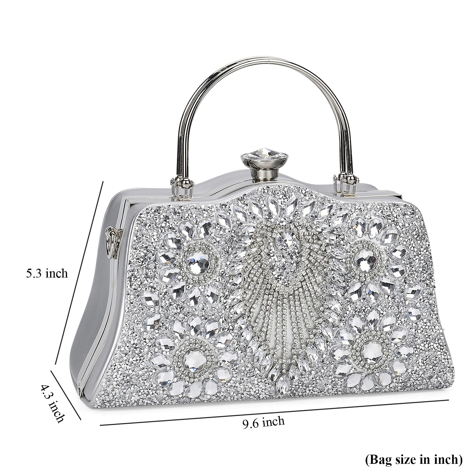 Silver Peacock Pattern Crystal Clutch Bag with Shoulder Chain Strap
