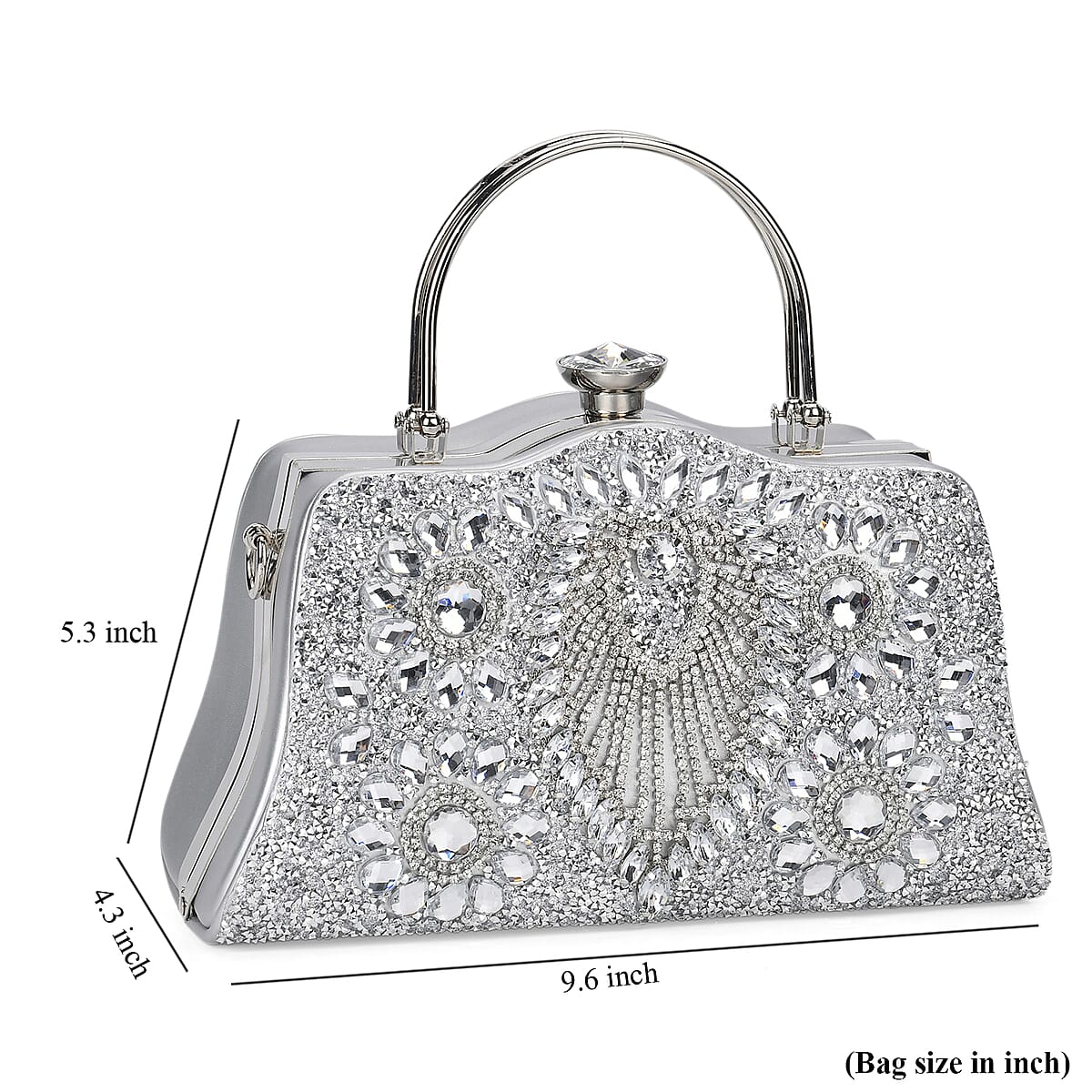 Miggie D Silver Peacock Pattern Crystal Clutch Bag with Shoulder Chain Strap image number 6