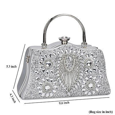 Silver Peacock Pattern Crystal Clutch Bag with Shoulder Chain Strap