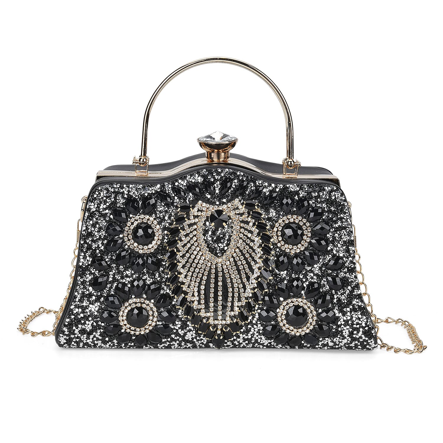 Green Peacock Pattern Crystal Clutch Bag (9.6"x4.3"x5.3") with Shoulder Chain Strap