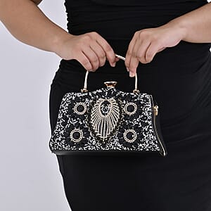 Black Peacock Pattern Crystal Clutch Bag with Shoulder Chain Strap