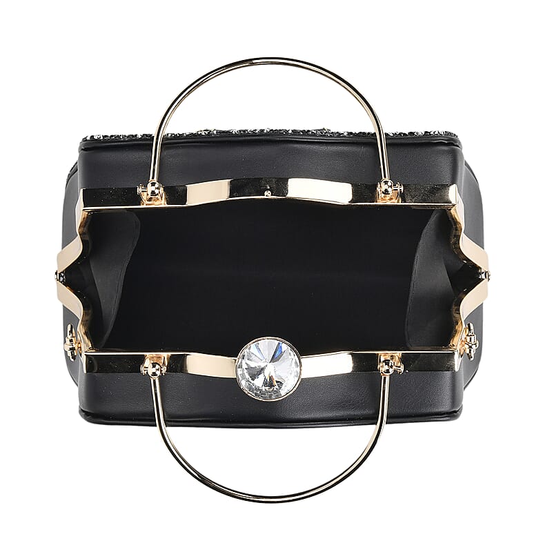 Black Peacock Pattern Crystal Clutch Bag with Shoulder Chain Strap