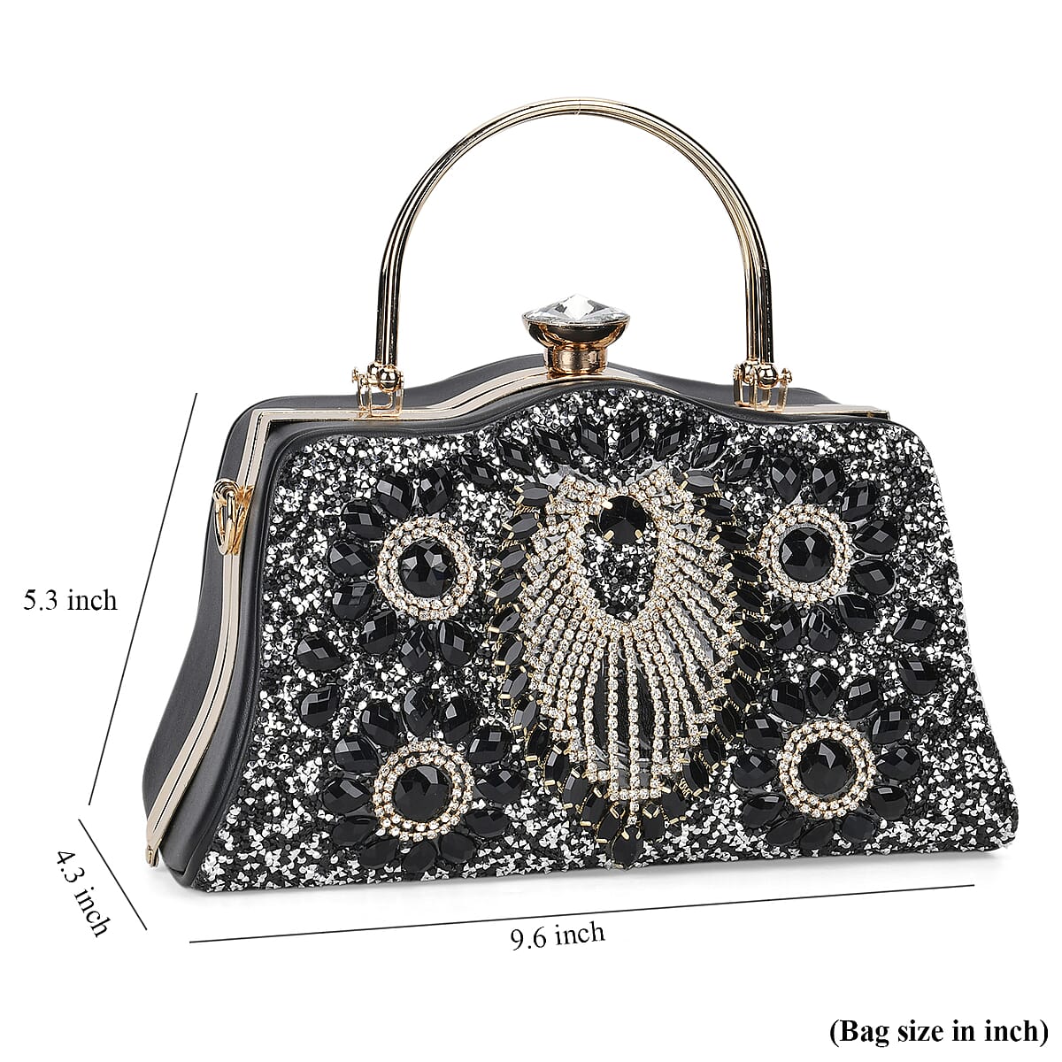 Miggie D Black Peacock Pattern Crystal Clutch Bag with Shoulder Chain Strap image number 6