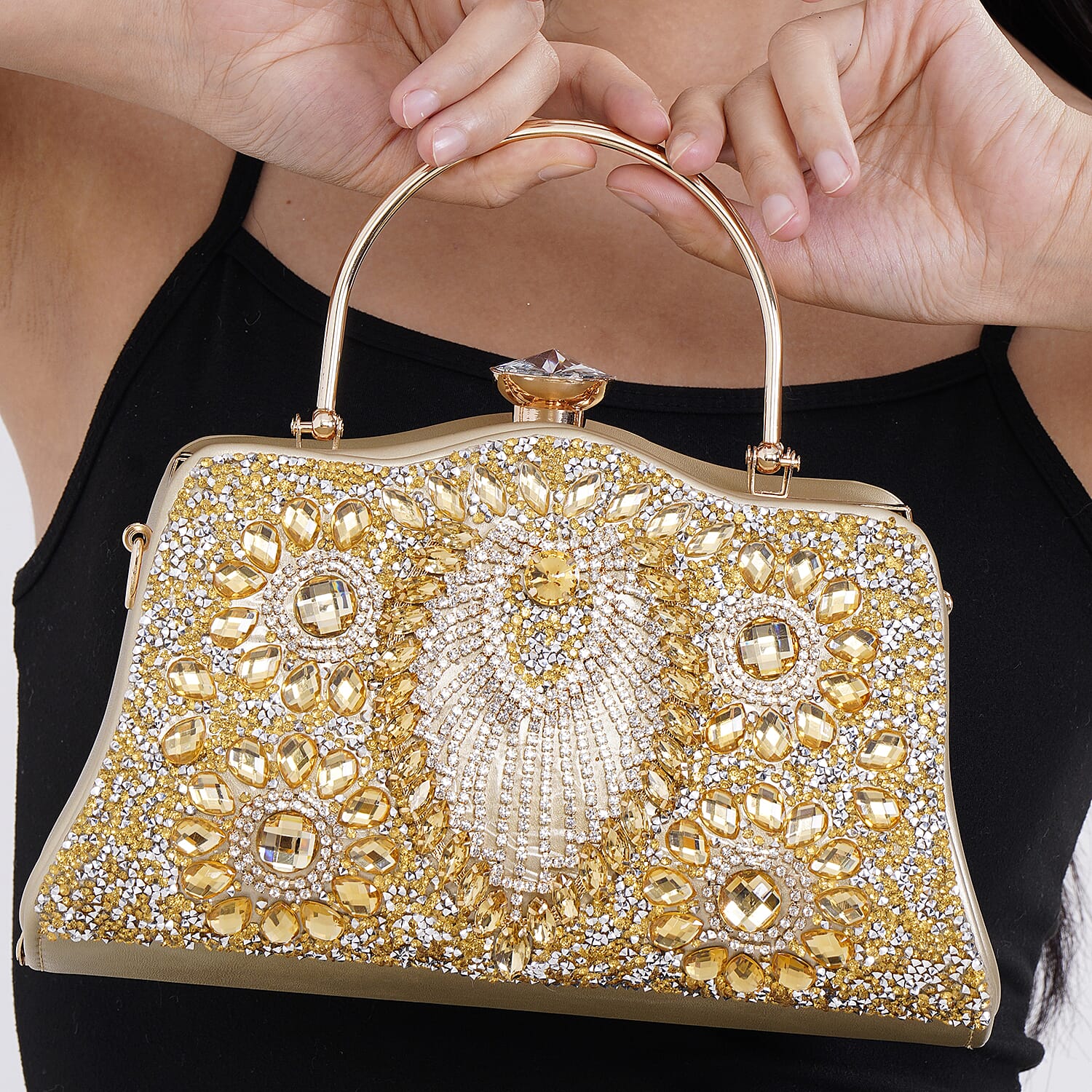 Green Peacock Pattern Crystal Clutch Bag (9.6"x4.3"x5.3") with Shoulder Chain Strap