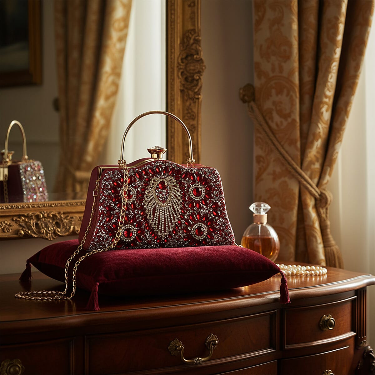 Miggie D Red Peacock Pattern Crystal Clutch Bag with Shoulder Chain Strap image number 1