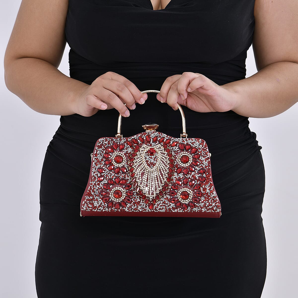 Miggie D Red Peacock Pattern Crystal Clutch Bag with Shoulder Chain Strap image number 3