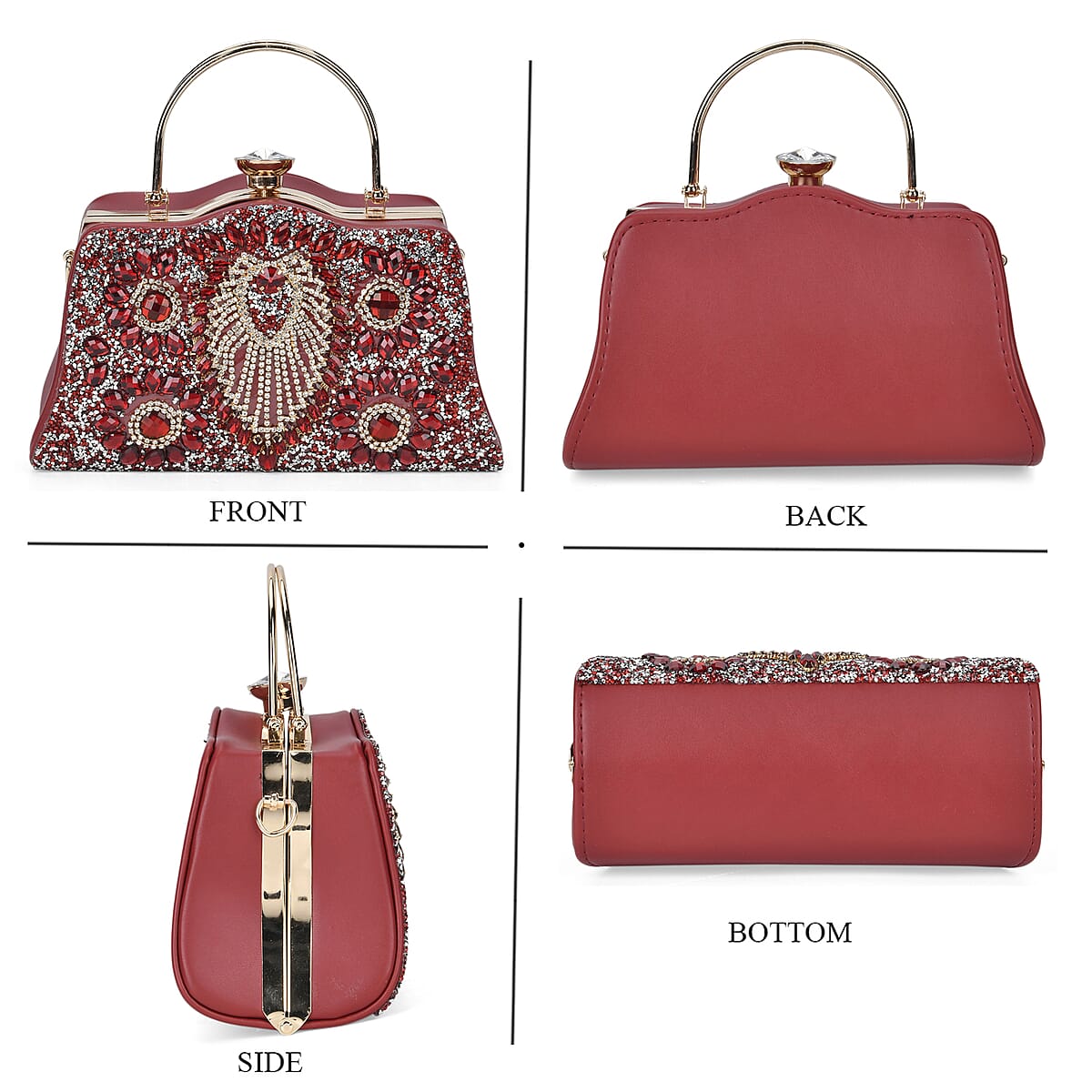 Miggie D Red Peacock Pattern Crystal Clutch Bag with Shoulder Chain Strap image number 4