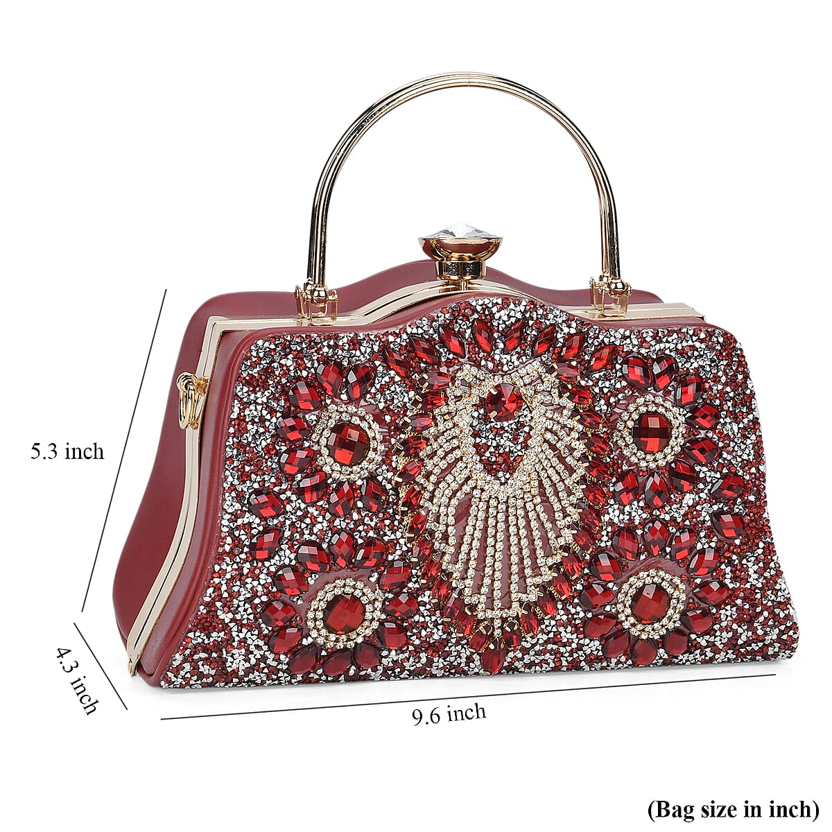 Miggie D Red Peacock Pattern Crystal Clutch Bag with Shoulder Chain Strap image number 6