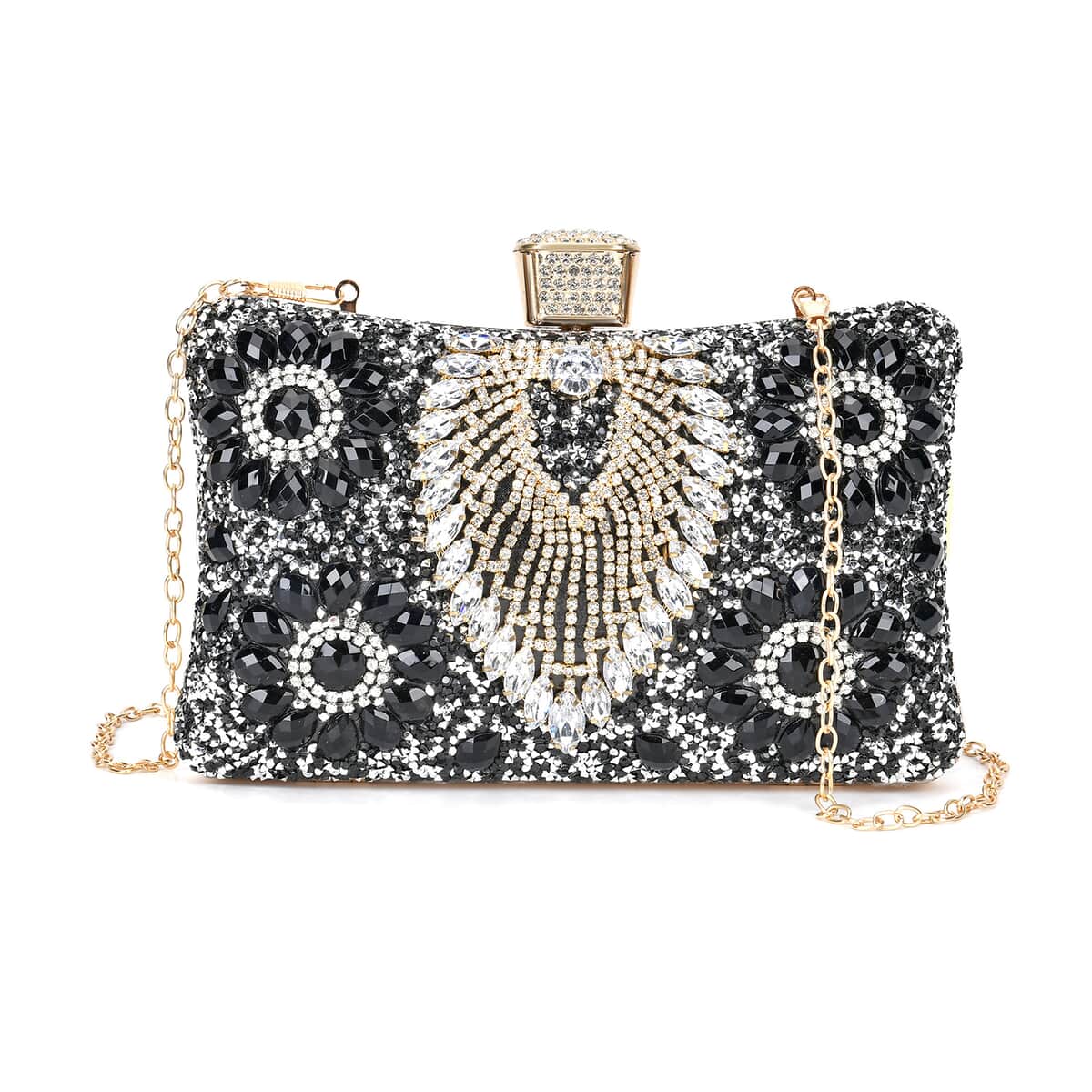 Black Peacock Pattern Crystal Clutch Bag with Shoulder Chain Strap image number 0