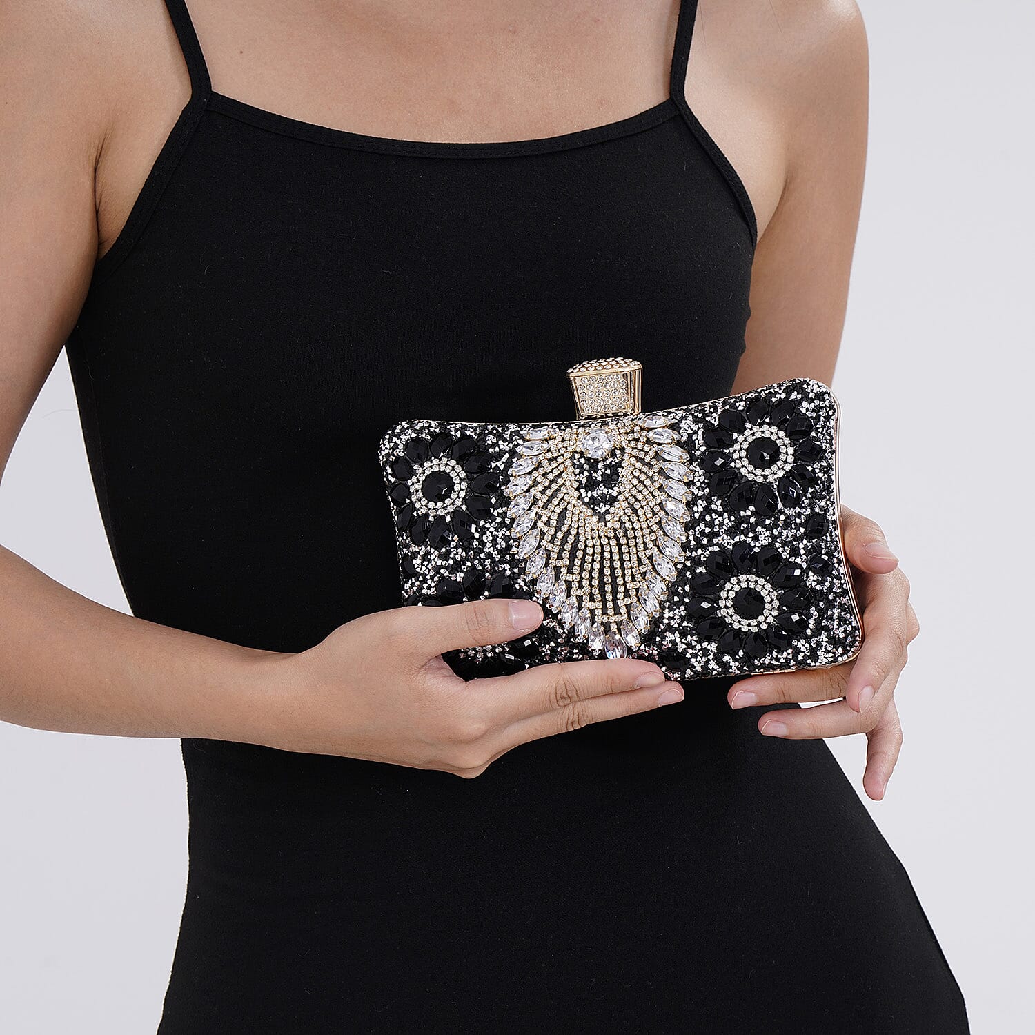 Black Peacock Pattern Crystal Clutch Bag with Shoulder Chain Strap