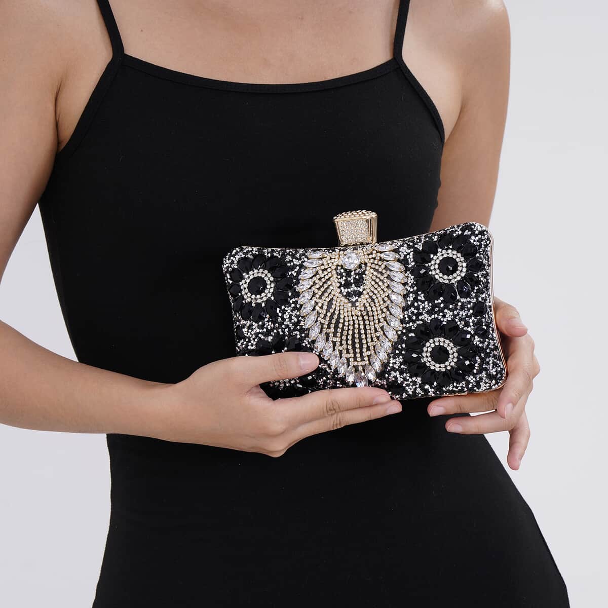 Black Peacock Pattern Crystal Clutch Bag with Shoulder Chain Strap image number 2