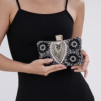 Black Peacock Pattern Crystal Clutch Bag with Shoulder Chain Strap