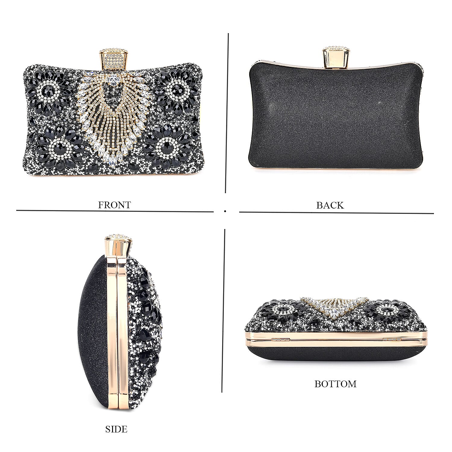 Black Peacock Pattern Crystal Clutch Bag with Shoulder Chain Strap
