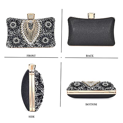 Black Peacock Pattern Crystal Clutch Bag with Shoulder Chain Strap