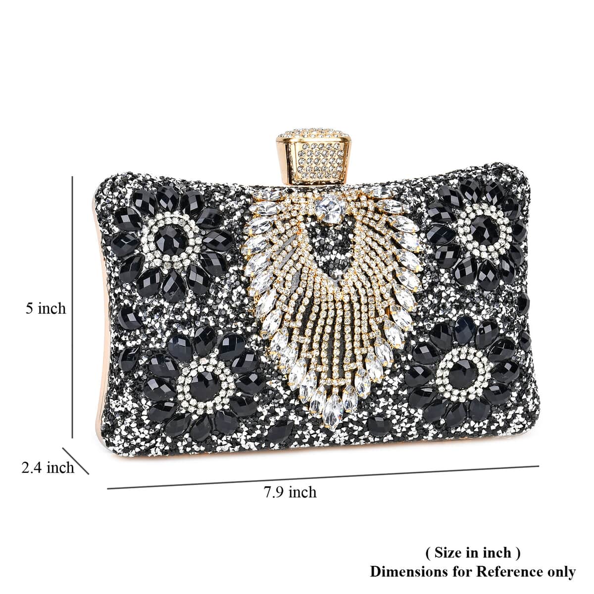 Black Peacock Pattern Crystal Clutch Bag with Shoulder Chain Strap image number 5