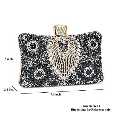 Black Peacock Pattern Crystal Clutch Bag with Shoulder Chain Strap