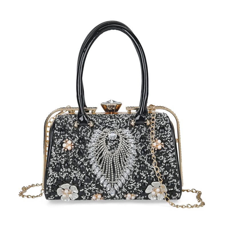 Miggie D Black 3D Peacock Crystal Clutch Bag with Shoulder Chain Strap