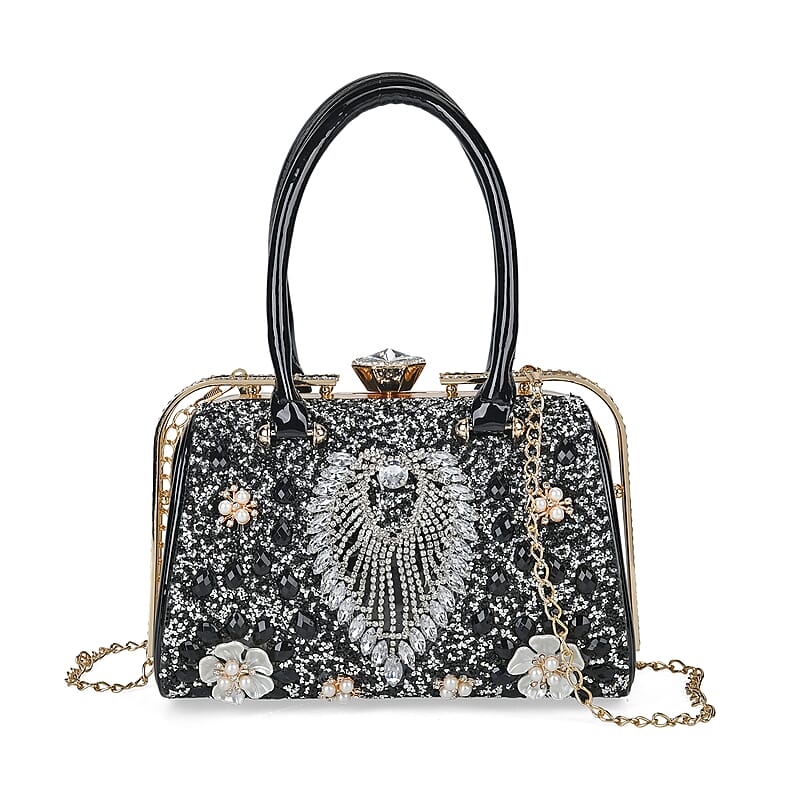 Miggie D Black 3D Peacock Crystal Clutch Bag with Shoulder Chain Strap