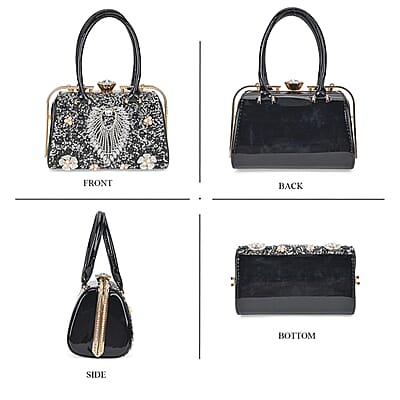 Miggie D Black 3D Peacock Crystal Clutch Bag with Shoulder Chain Strap