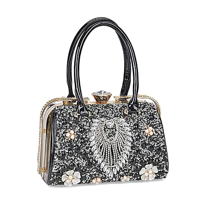 Miggie D Black 3D Peacock Crystal Clutch Bag with Shoulder Chain Strap