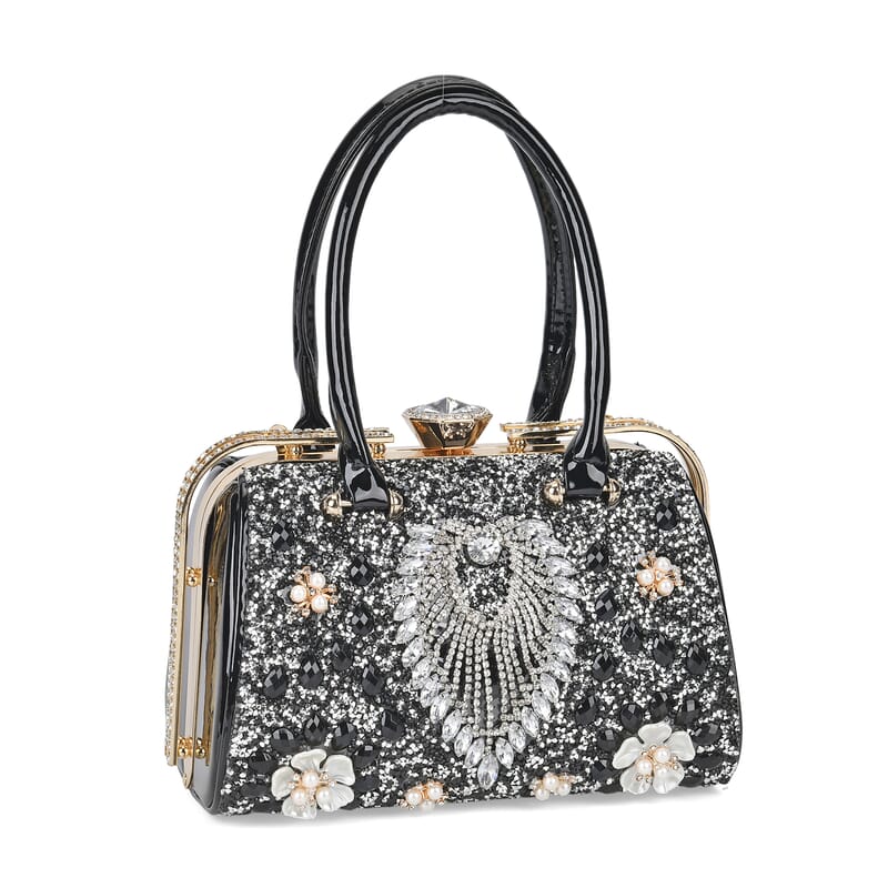 Miggie D Black 3D Peacock Crystal Clutch Bag with Shoulder Chain Strap