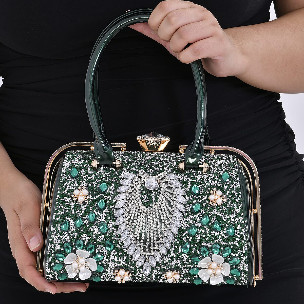 Miggie D Green 3D Peacock Crystal Clutch Bag with Shoulder Chain Strap image number 2