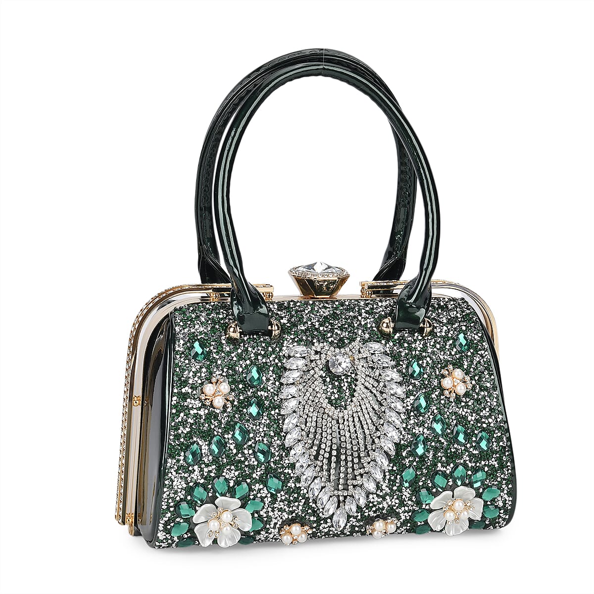 Miggie D Green 3D Peacock Crystal Clutch Bag with Shoulder Chain Strap image number 5