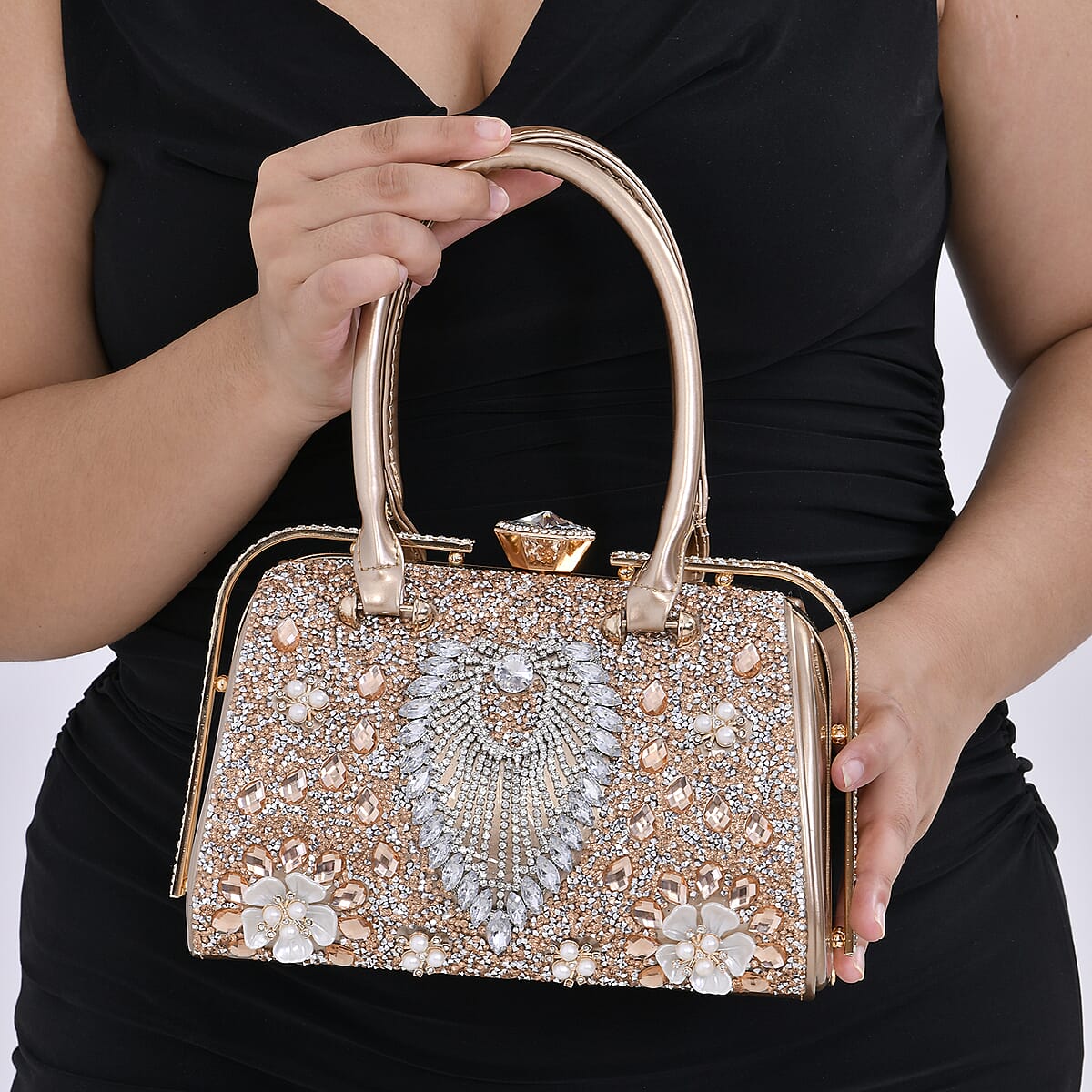 Miggie D Golden 3D Peacock Crystal Clutch Bag with Shoulder Chain Strap image number 2