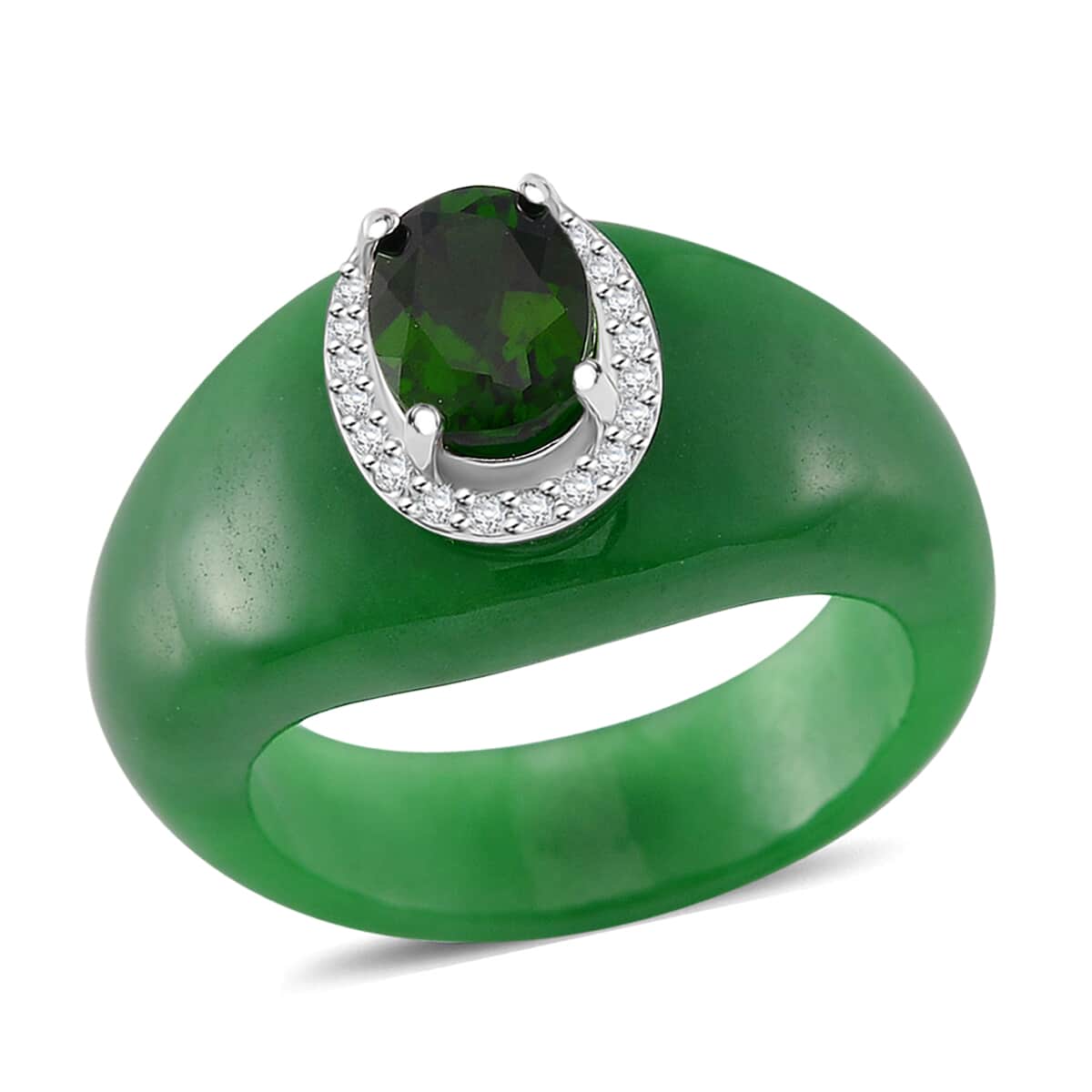 Green Jade (D), Chrome Diopside and White Zircon 28.10 ctw Eternal Harmony Ring in Rhodium Over Sterling Silver (Size 6.0) image number 0