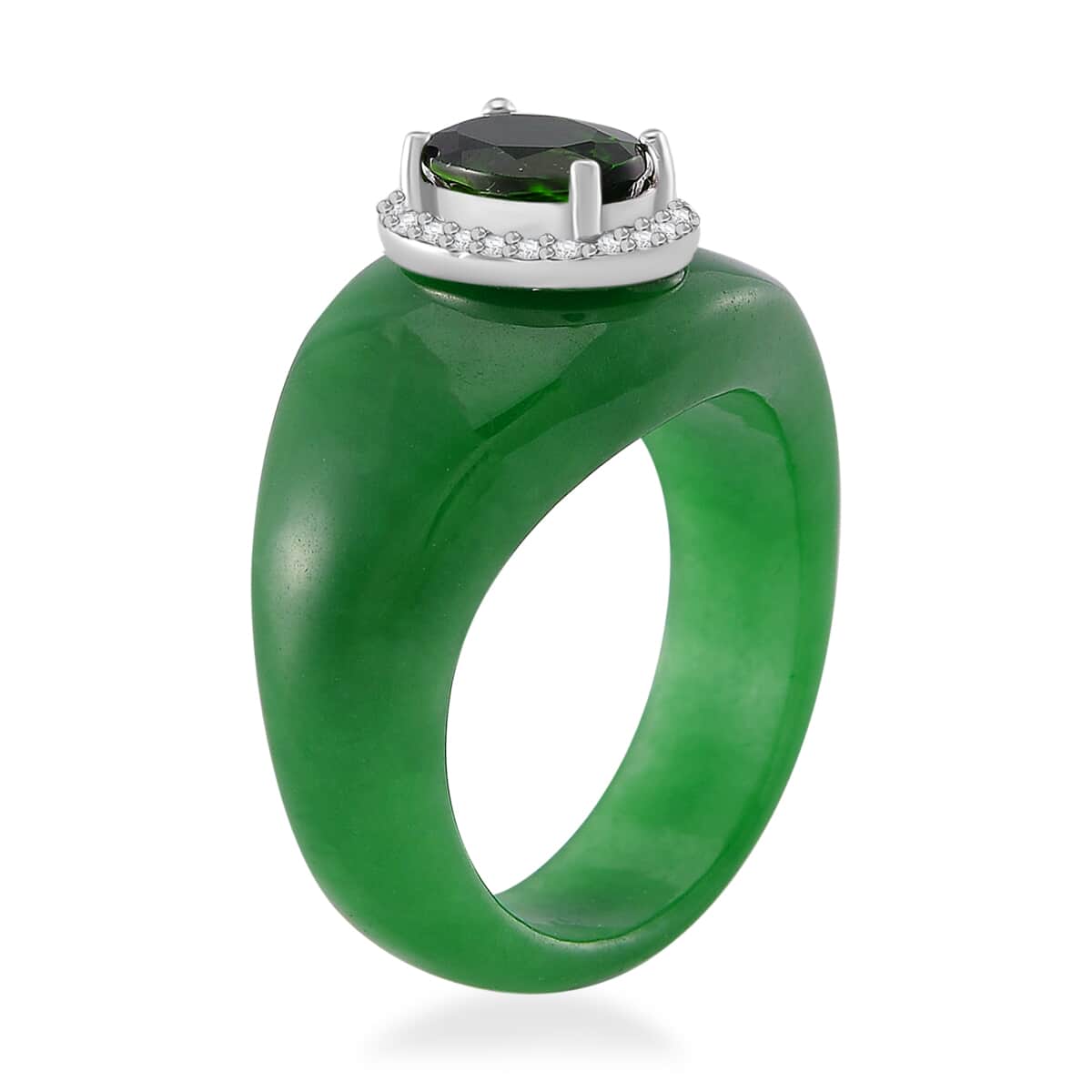 Green Jade (D), Chrome Diopside and White Zircon 28.10 ctw Eternal Harmony Ring in Rhodium Over Sterling Silver (Size 6.0) image number 2