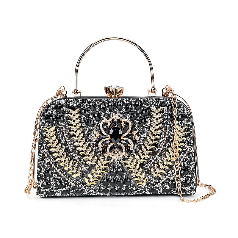 Miggie D Black 3D Leaves Crystal Clutch Bag with Shoulder Strap